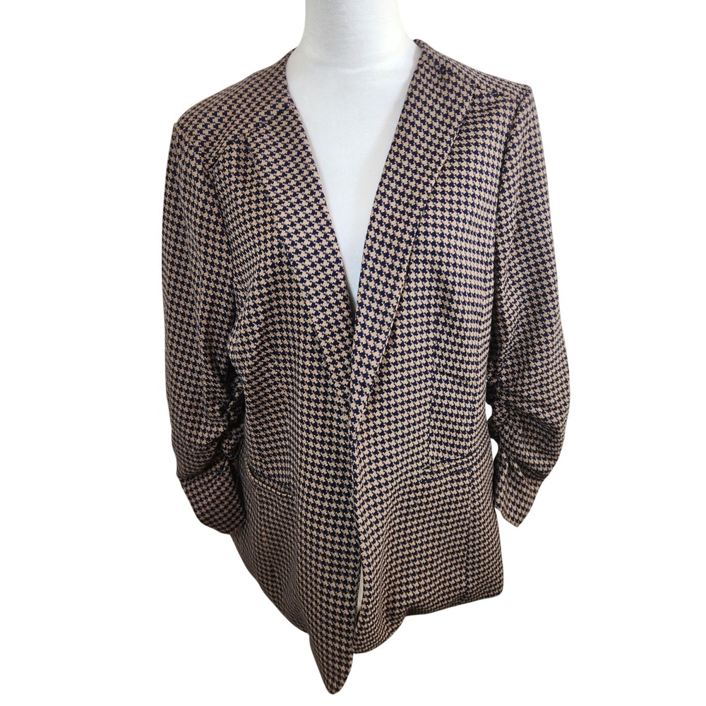 Skies Are Blue Houndstooth Blazer Jacket Navy Tan Ruched Sleeve Womens XL Office
